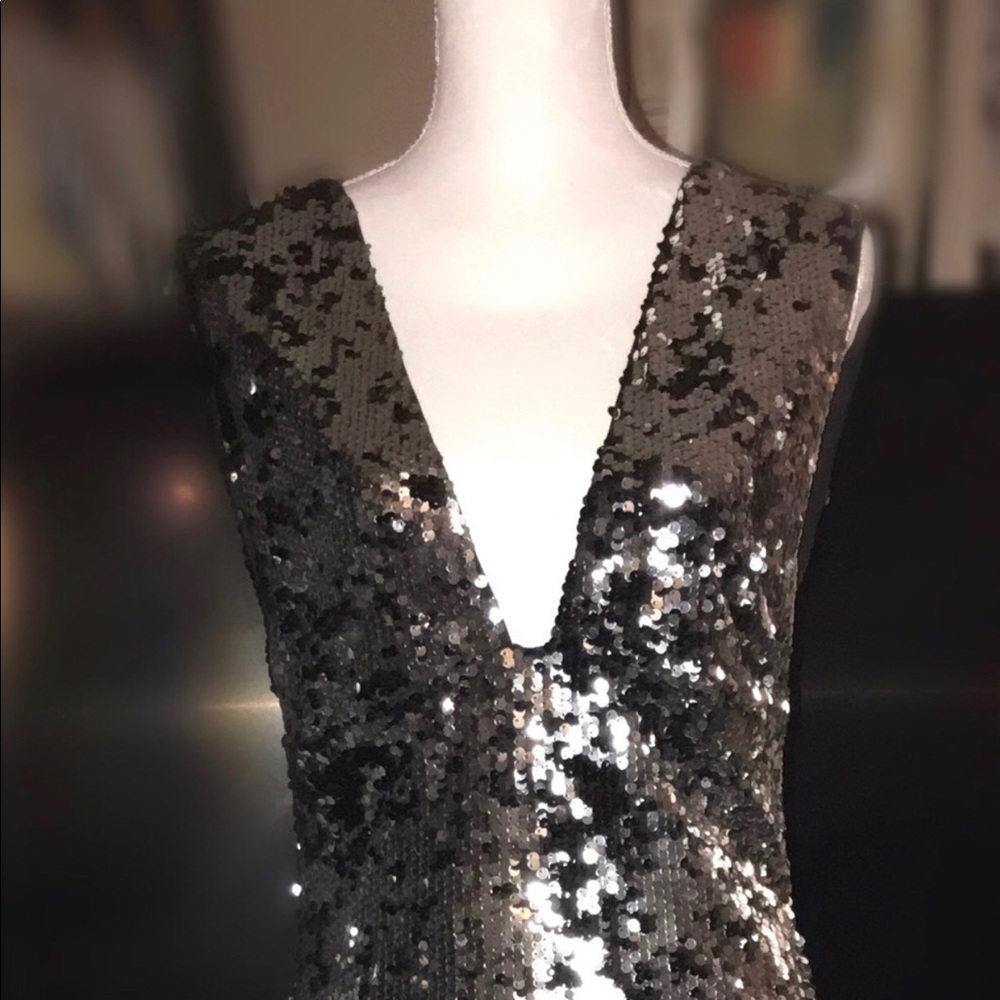 Silver Sequined Plunge V-Neck Gown by Rachel Zoe.